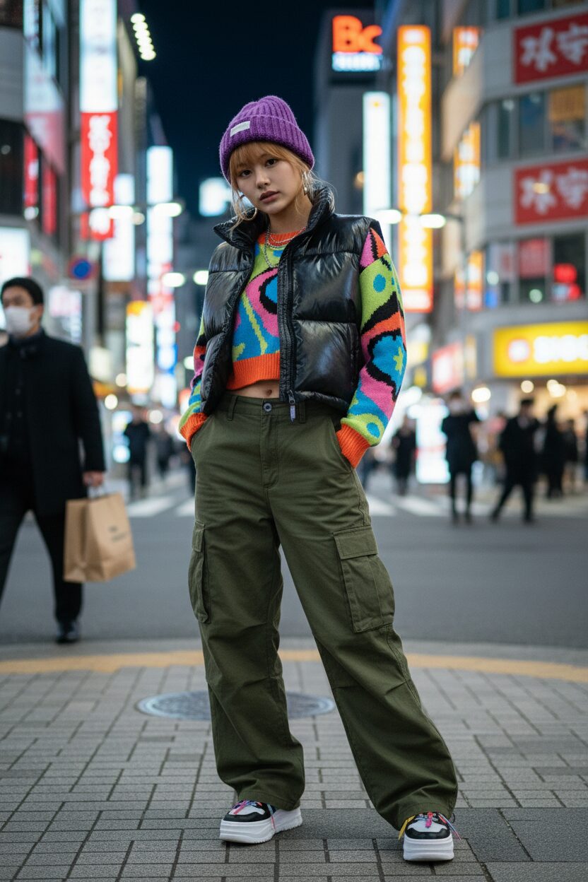 冬の東京の夜、ネオンが輝くストリートでポーズをとる若い日本人女性。ローライズのカーゴパンツにカラフルなクロップド丈のニット、その上にダウンベストを重ね着し、ビーニーを被ったY2Kファッションに身を包んでいる。