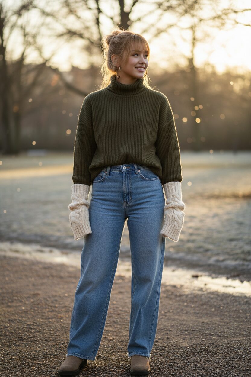 冬の公園で撮影された女性のミディアムショット。リブ編みのタートルネックセーターの上に、暖かそうなニットのアームウォーマーを重ね、ワイドデニムを合わせている。彼女はカメラから視線を外し微笑んでおり、午後の遅い日差しが暖かな金色の光を生み出している。