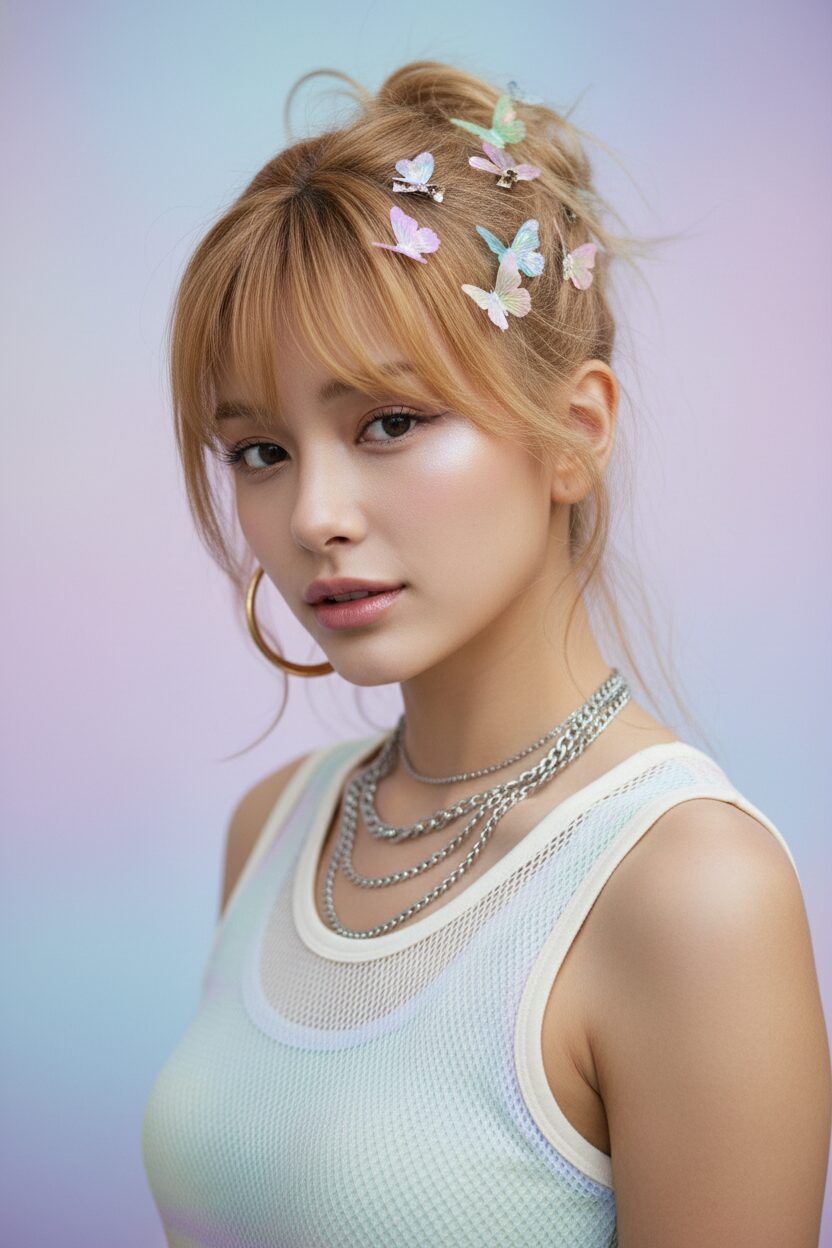 Y2K風のヘアスタイルに焦点を当てたクローズアップビューティーショット。カラフルで小さなバタフライクリップを複数使い、遊び心のあるノスタルジックな雰囲気を演出している。メイクもグロッシーなリップや目元のシマーなど、Y2Kを意識したもの。背景はシンプルでソフトなパステルカラー。