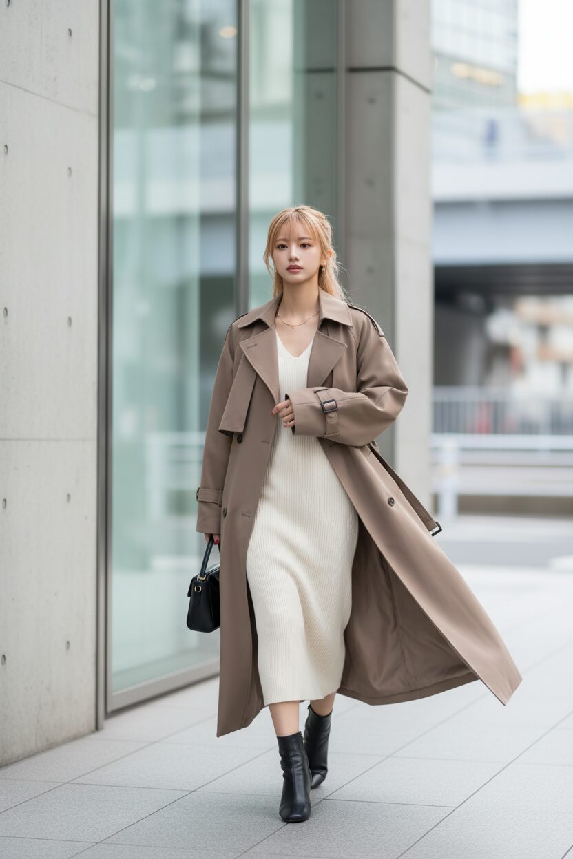 東京のミニマルな都市風景の中、洗練されたトープ色のオーバーサイズ・ドロップウエスト・トレンチコートを着て歩く30代前半のおしゃれな日本人女性。クリーム色のニットドレスと黒のレザーアンクルブーツを合わせ、シックなストリートスタイルを披露している。冬の午後の柔らかな自然光が、コートの流れるような動きを美しく捉えた一枚。