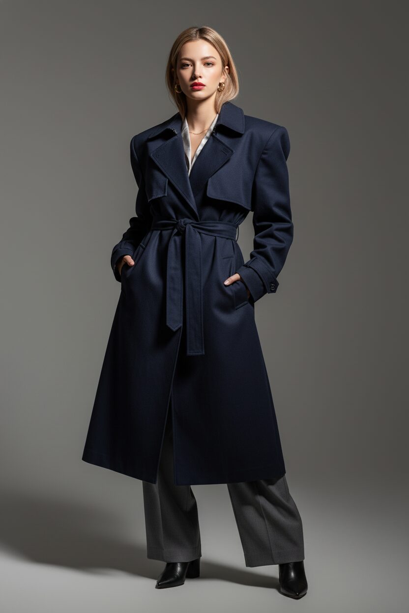 シンプルなグレーのスタジオを背景にポーズをとるモデル。80年代を彷彿とさせる力強いパワーショルダーが特徴的なダークネイビーのトレンチコートを着用し、共布の幅広ベルトでウエストをマークしてドラマチックなXシルエットを創り出している。繊細なシルクブラウスとライトグレーのワイドパンツを合わせ、シャープな照明がコートの構築的なデザインを際立たせている。