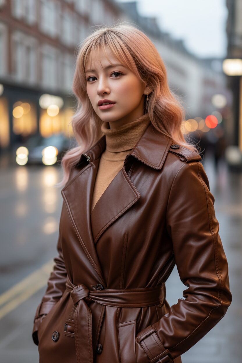 夕暮れのヨーロッパの街並みを背景に、光沢のあるチョコレートブラウンのエコレザー・トレンチコートを着た女性のクローズアップ。キャメル色のハイゲージニットを中に着ており、背景のぼやけた暖色の街灯が美しい玉ボケ効果を生み出している。エコレザーの豊かな質感と光沢が際立つ、モダンでラグジュアリーな一枚。