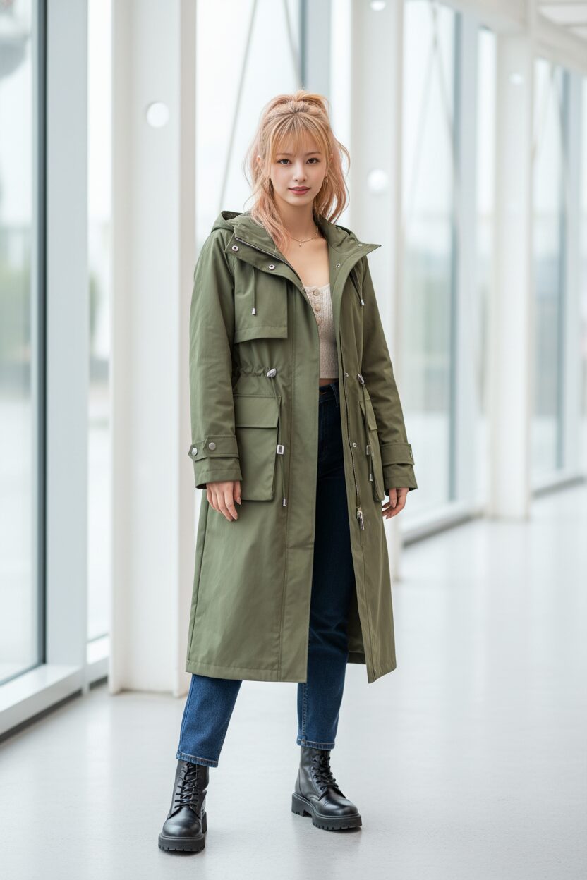 オリーブグリーンのテクニカル素材のトレンチコートを着て、近代的な建築物を背景に立つ女性の全身写真。コートはわずかにシワ感のある質感で、大きなポケットやフードが特徴。黒のコンバットブーツとストレートデニムを合わせ、クールで実用的ながらもシックな雰囲気を醸し出している。