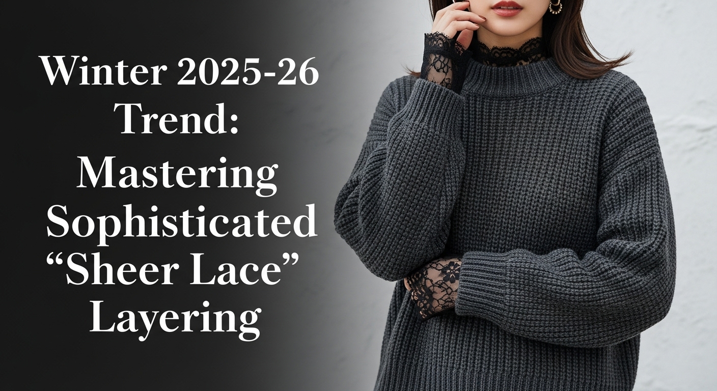 チャコールグレーのざっくりニットの袖口と首元から繊細な黒のレースを覗かせた、上品な冬のレイヤードスタイルを楽しむ日本人女性