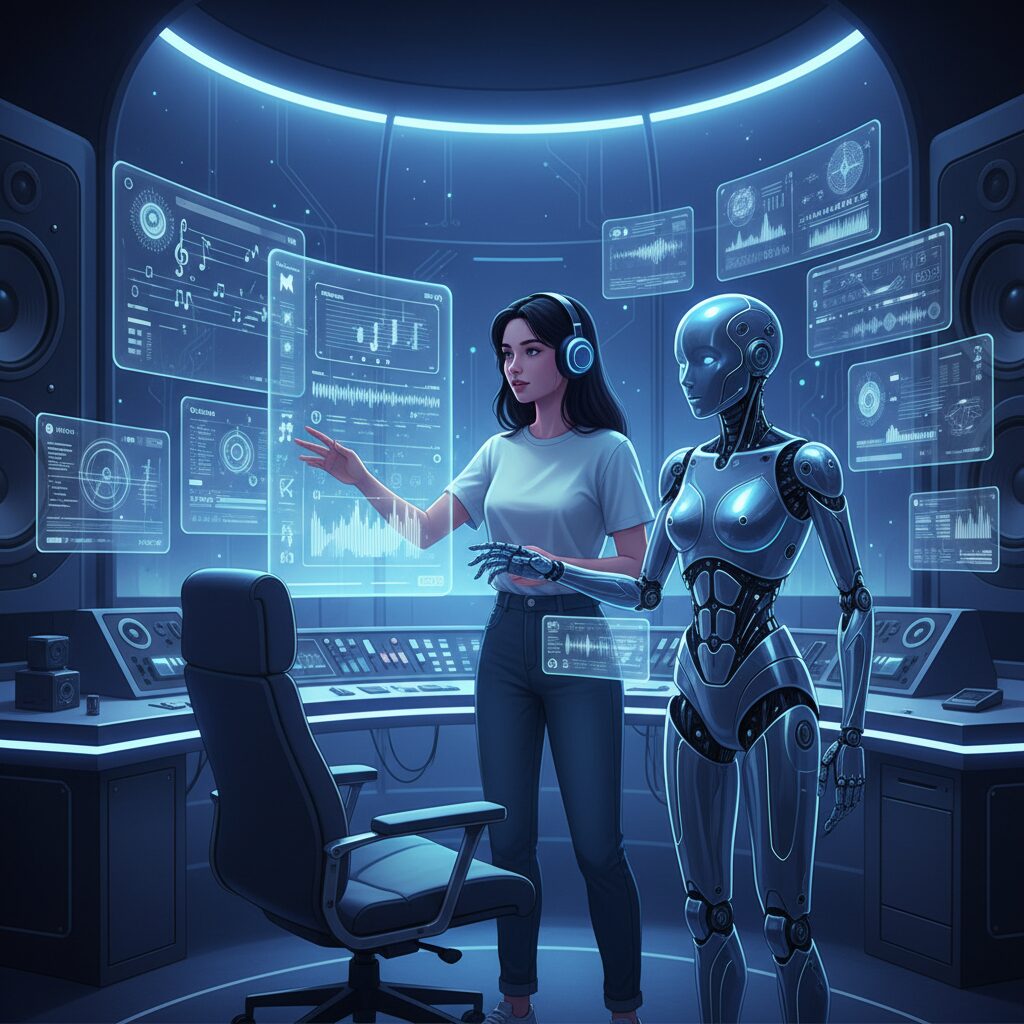 人間とAIアシスタントが協力して音楽を制作している未来的なスタジオ。デジタルインターフェースには音符と波形が表示されている。