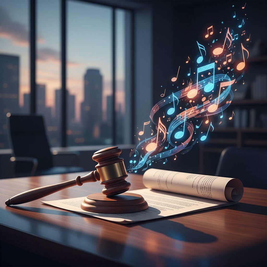 木槌と音符が描かれた法律文書。AI音楽の進化する状況における著作権和解を象徴している。