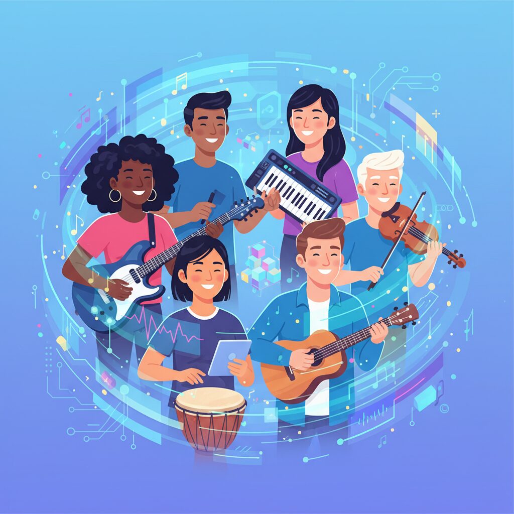 楽器を持った多様なミュージシャンやソングライターが微笑み、デジタル音楽データの微妙なオーバーレイがある。AI時代における新しい収益源とアーティストのコントロールを表現している。