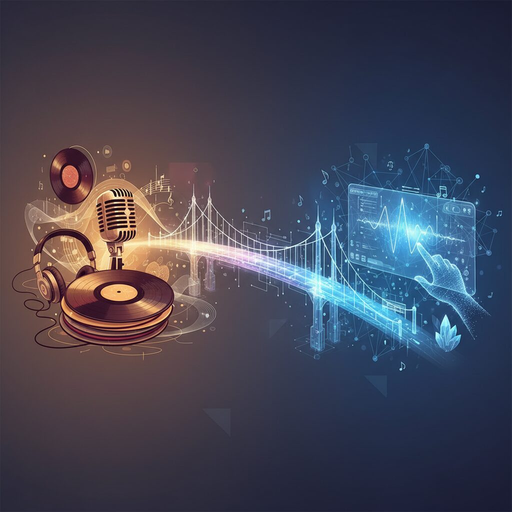 伝統的な音楽業界の要素（レコード、マイク）と未来のAI音楽技術（ニューラルネットワーク、ホログラフィックインターフェース）をつなぐ橋の視覚的な比喩。このパートナーシップを象徴している。