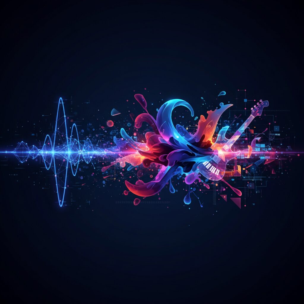 デジタルの音波が抽象的な芸術的な形に変化し、AI音楽におけるテクノロジーと創造性の融合を表現している。