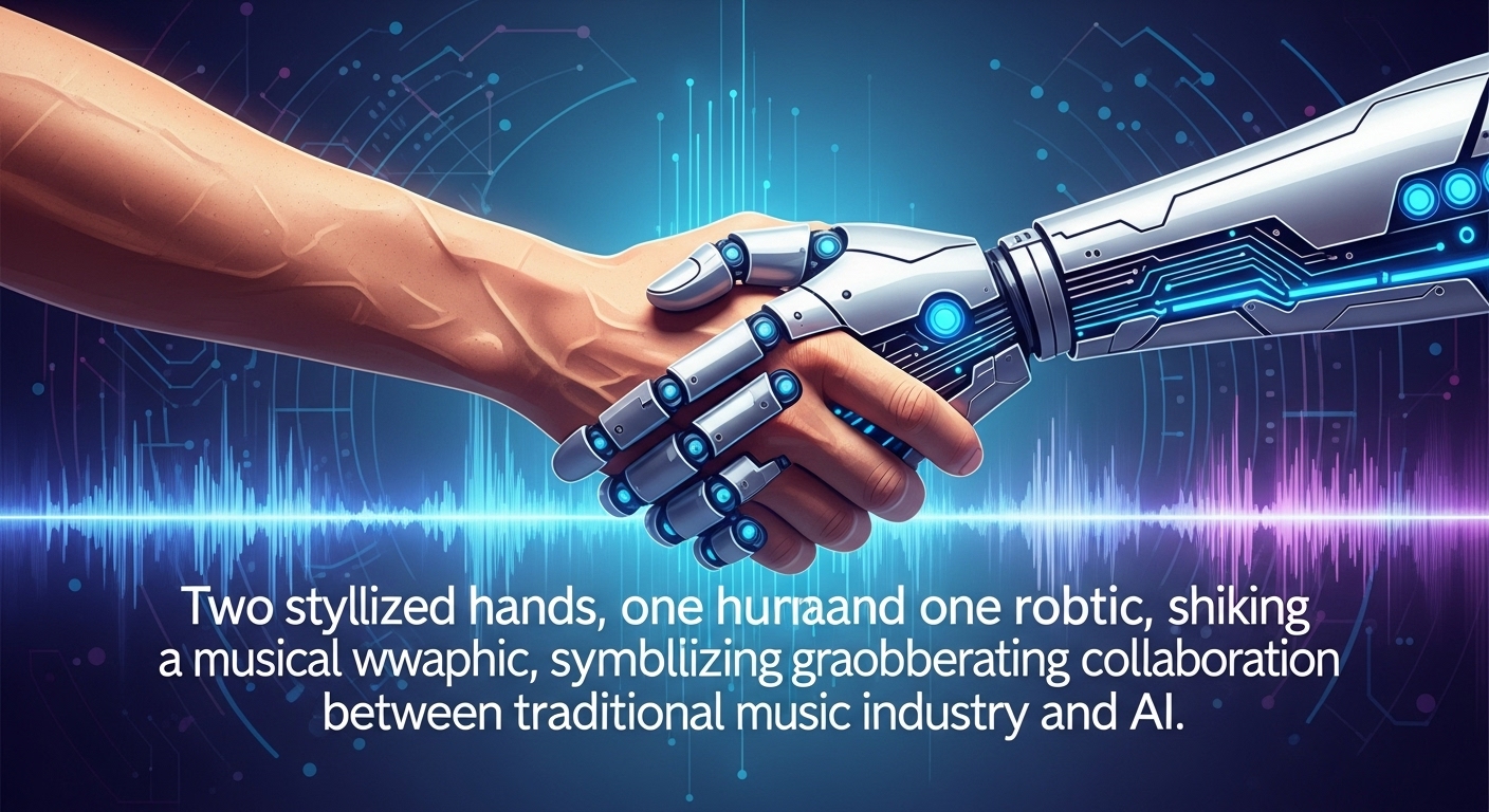 ワーナー・ミュージック・グループのロゴとSunoのロゴが並び、その背後にAIが生成した音波のようなイメージが広がる。両社の歴史的な提携と、音楽業界の未来を象徴している。