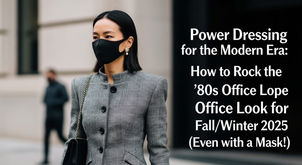 2025年秋冬のトレンドである、肩パッドの入ったグレーのチェック柄ジャケットに身を包み、洗練されたオフィス街を背景に颯爽と歩く、黒いマスクをつけたアジア人女性。