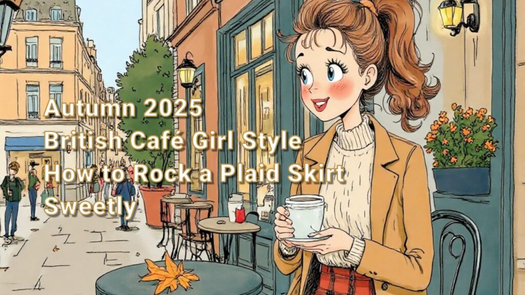 秋の光が差し込むおしゃれなカフェのテラス席で、チェック柄のミニスカートにニットを合わせたブリティッシュシックなコーディネートで微笑む女性。