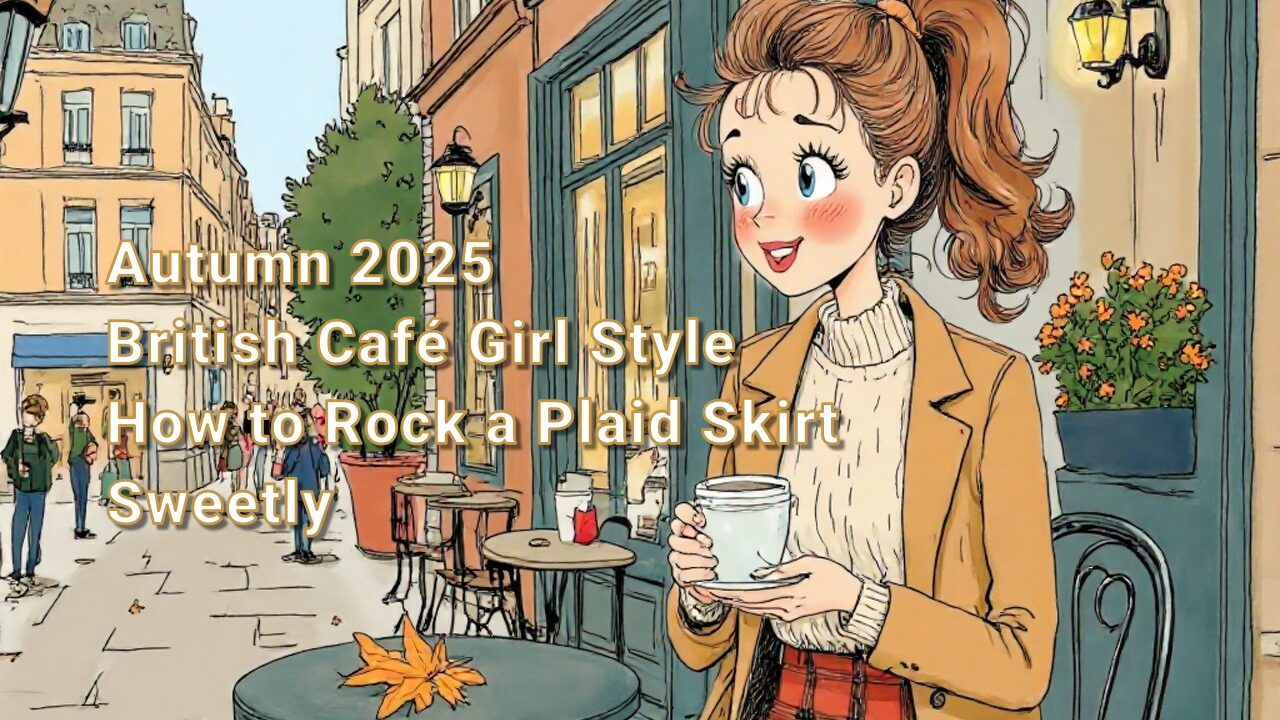 秋の光が差し込むおしゃれなカフェのテラス席で、チェック柄のミニスカートにニットを合わせたブリティッシュシックなコーディネートで微笑む女性。