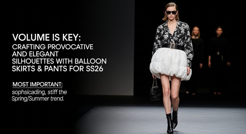 2026年春夏のトレンドである、ハリのある白いバルーンスカートを主役にした、モードで洗練された女性のコーディネート。