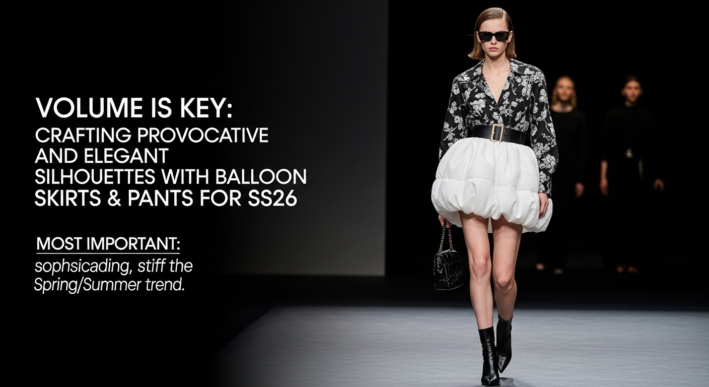 2026年春夏のトレンドである、ハリのある白いバルーンスカートを主役にした、モードで洗練された女性のコーディネート。