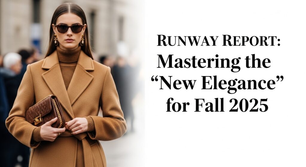 秋のパリの石畳の通りを歩く、キャメル色のカシミアニットとバーガンディのサテンスカートを合わせた30代の日本人女性。洗練された大人の「新エレガンス」スタイルが、夕暮れの柔らかな光に照らされている。