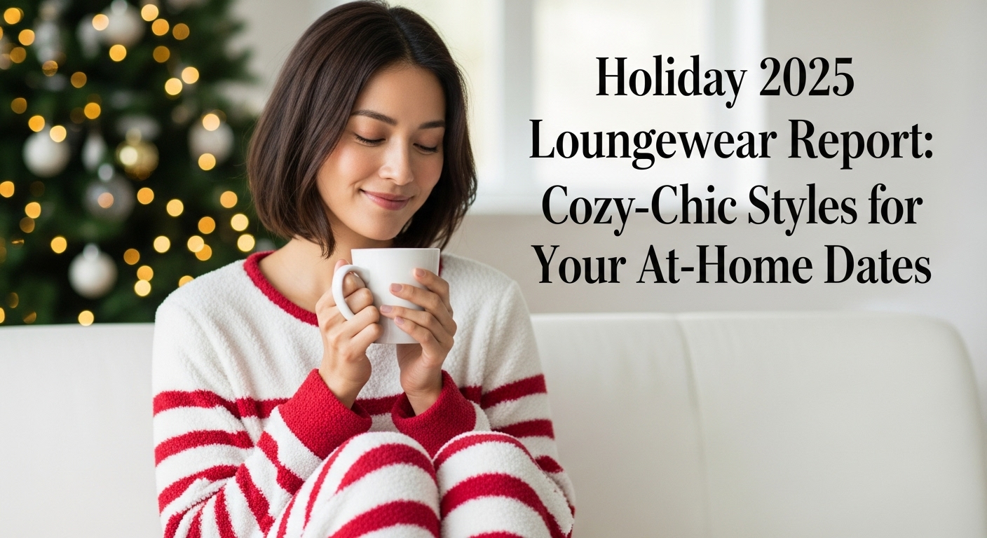 赤と白のボーダー柄が可愛いもこもこのルームウェアを着て、白いソファに座り、温かい飲み物の入ったマグカップを両手で持ちながらにっこりと微笑む日本人女性。背景には、ぼんやりと光るクリスマスツリーが飾られている。