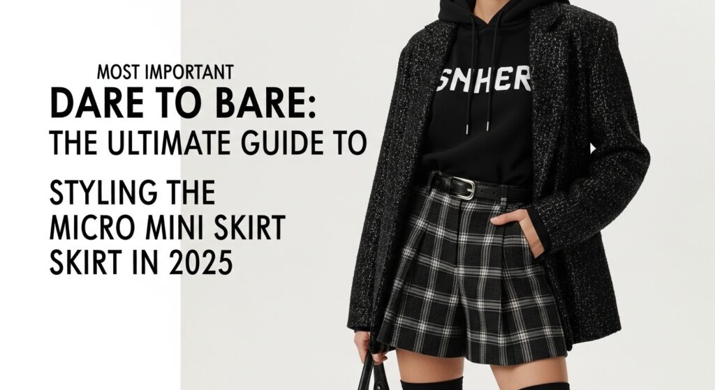 2025年のトレンド、黒のマイクロミニスカートにフューチャリスティックなシルバージャケットを合わせた、東京の夜景をバックに立つアジア人女性のスタイリッシュなファッション。