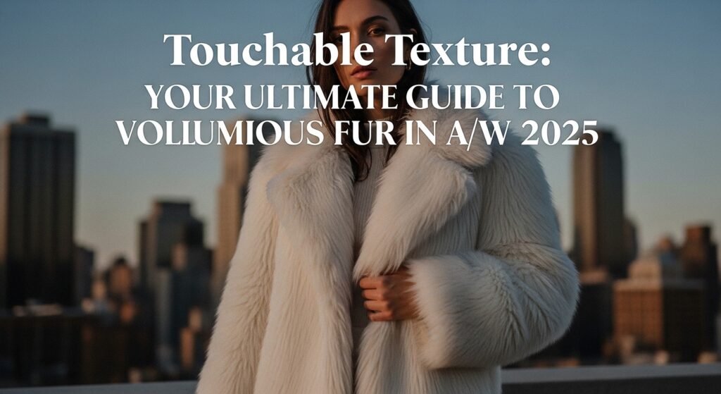 2025年秋冬のトレンドである、高級感あふれるオフホワイトのボリューミーなエコファーコートをまとった女性が、夕暮れの都会の街並みを背景に佇んでいる様子。