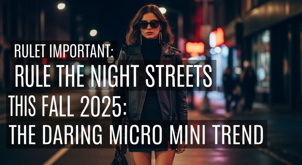 2025年秋の夜、ネオンが輝くストリートで、レザージャケットとマイクロミニスカートをスタイリッシュに着こなす女性。