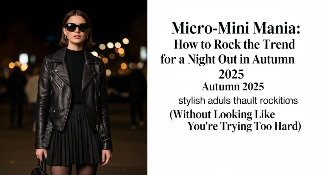 秋の夜の街を背景に、レザージャケットとマイクロミニスカートを着こなす、スタイリッシュな大人の女性。