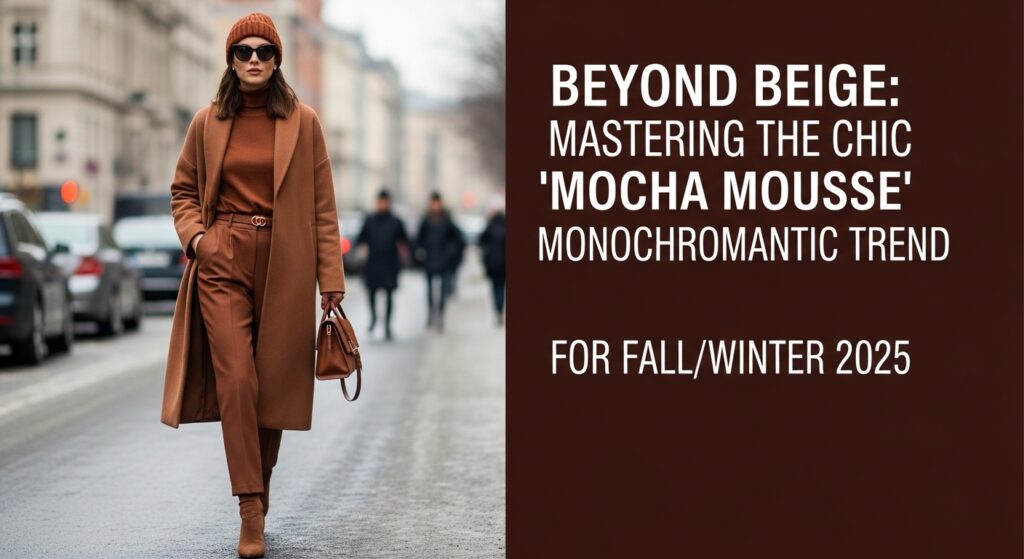 2025年秋冬のトレンドカラー「モカ・ムース」のワントーンコーデで、冬の街並みを歩く上品な女性