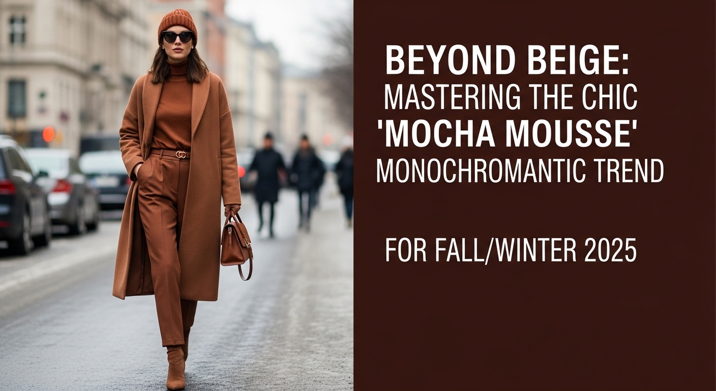 2025年秋冬のトレンドカラー「モカ・ムース」のワントーンコーデで、冬の街並みを歩く上品な女性
