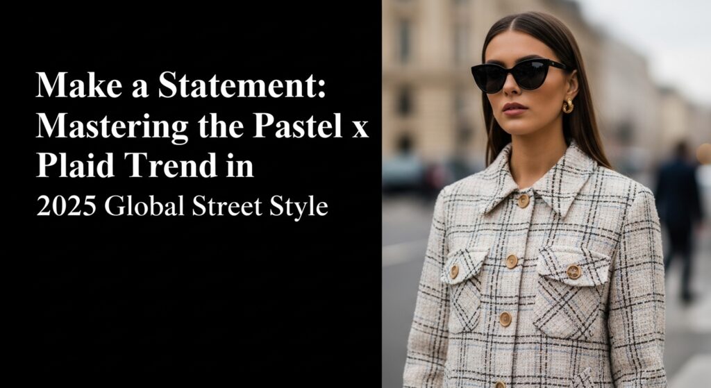 パステルカラーのチェック柄ジャケットを着て、海外のストリートでポーズをとるおしゃれな女性