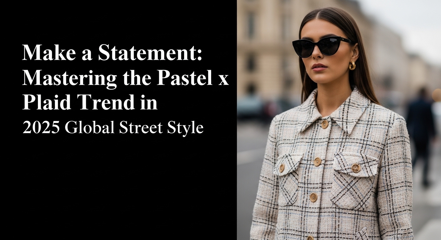 パステルカラーのチェック柄ジャケットを着て、海外のストリートでポーズをとるおしゃれな女性