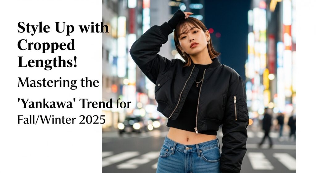 2025年秋冬のヤンカワスタイル。ショート丈のボンバージャケットとローライズジーンズを着こなし、クールな表情で夜の街に立つ日本人女性。