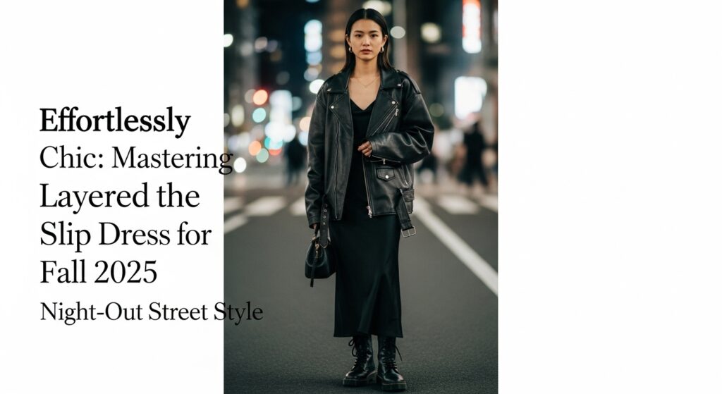 2025年秋の夜の街を背景に、黒のサテンスリップドレスにオーバーサイズのレザージャケットを羽織り、コンバットブーツを合わせたクールな日本人女性。