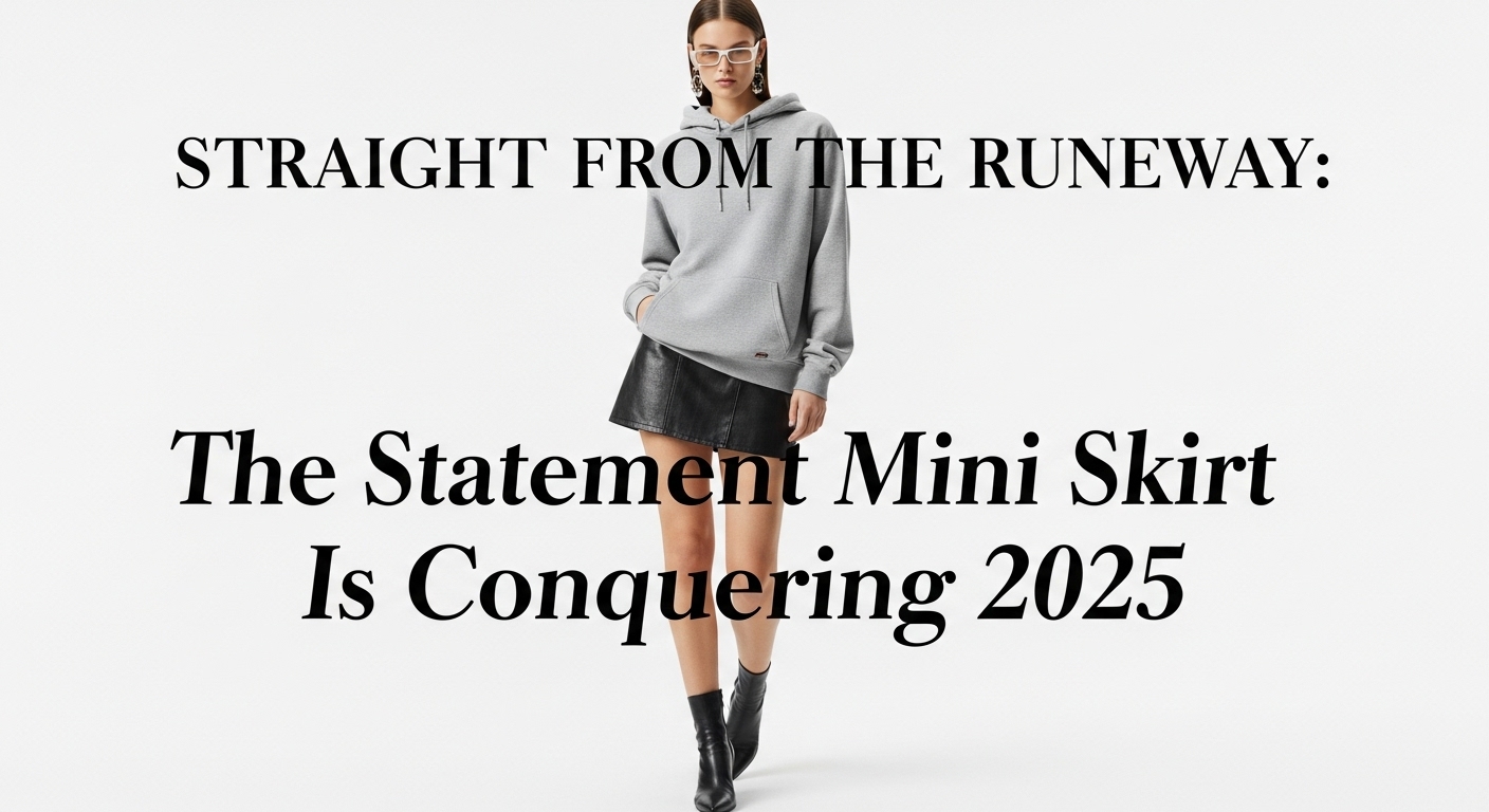 2025年のトレンドであるメタリックなステートメントミニスカートを主役に、黒のタートルネックと合わせてスタイリッシュに着こなす女性。