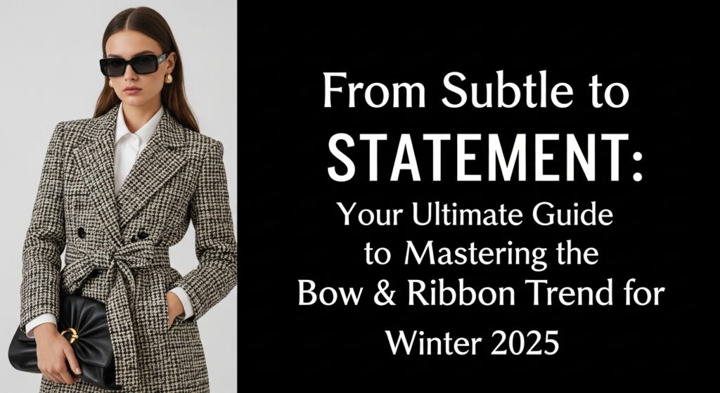 2025年冬のトレンドである、洗練されたネイビーのボウタイブラウスを主役にしたコーディネートで、カフェの窓辺に立つおしゃれな女性。