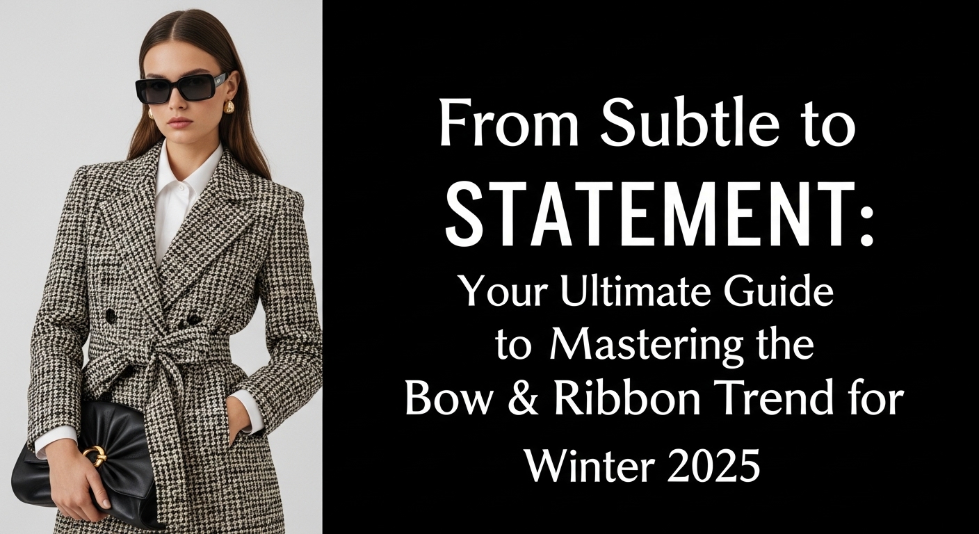 2025年冬のトレンドである、洗練されたネイビーのボウタイブラウスを主役にしたコーディネートで、カフェの窓辺に立つおしゃれな女性。