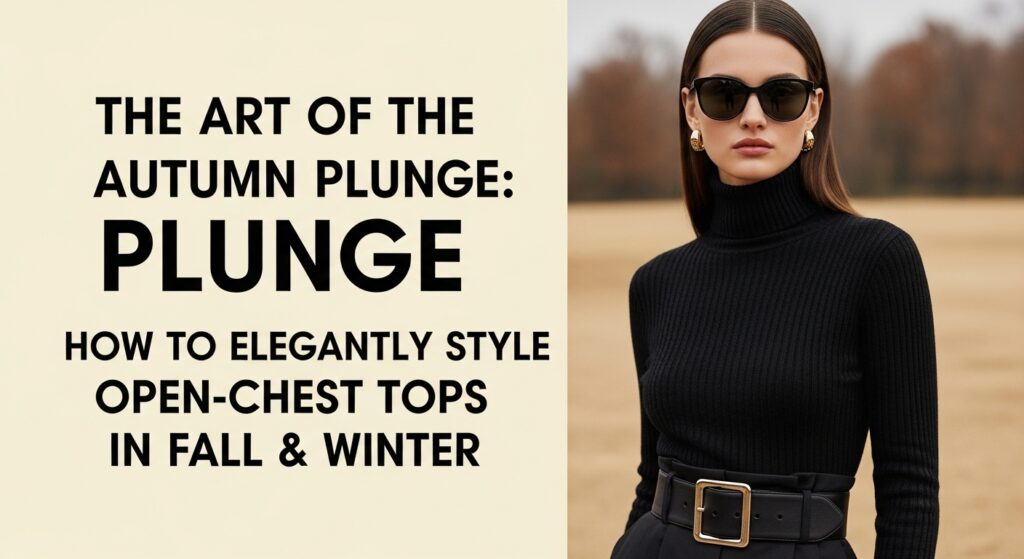 ベージュのVネックニットにブラウンのチェック柄ジャケットを羽織り、上品なネックレスをつけた女性が、秋冬の街並みを背景に微笑んでいるファッションスナップ。