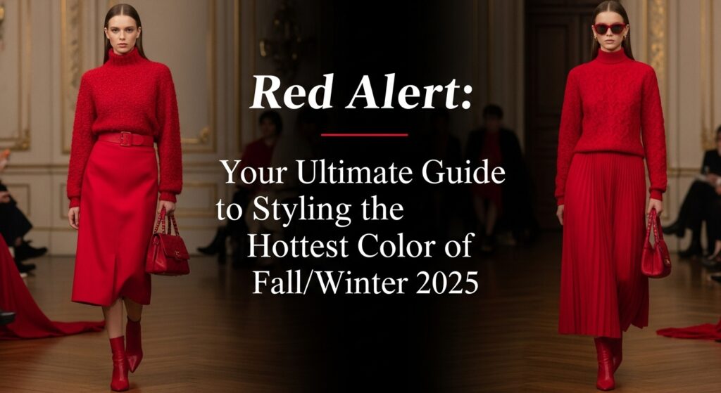 2025年秋冬のトレンドである鮮やかな赤いコートを着て、都会の街並みを颯爽と歩くスタイリッシュな女性。