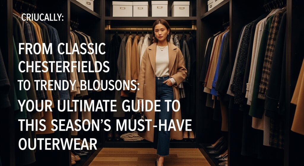 様々なデザインのコートやブルゾンが並ぶおしゃれなクローゼットで、自分にぴったりの一着を選んでいるスタイリッシュな日本人女性。