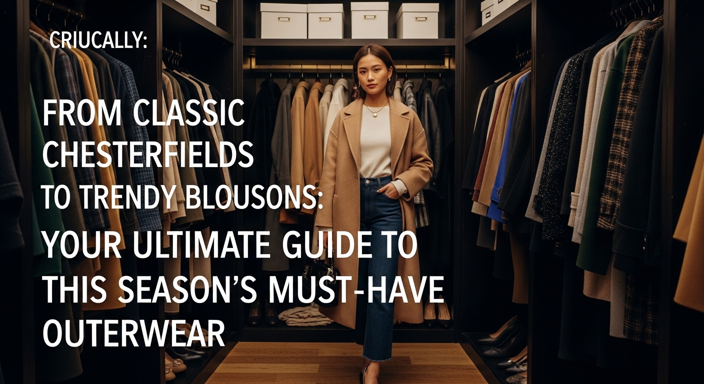 様々なデザインのコートやブルゾンが並ぶおしゃれなクローゼットで、自分にぴったりの一着を選んでいるスタイリッシュな日本人女性。