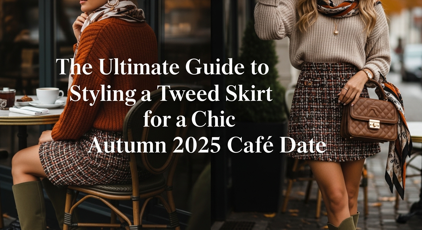 秋のカフェデートで、白いブラウスとブラウン系のツイードミニスカートを着こなす、笑顔の似合う日本人女性。