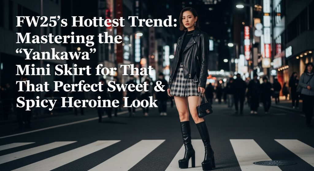 2025年秋冬のヤンカワファッション。黒のレザージャケットとチェック柄のミニスカートを合わせ、厚底ブーツを履いた女性が東京の夜の街に立っている。