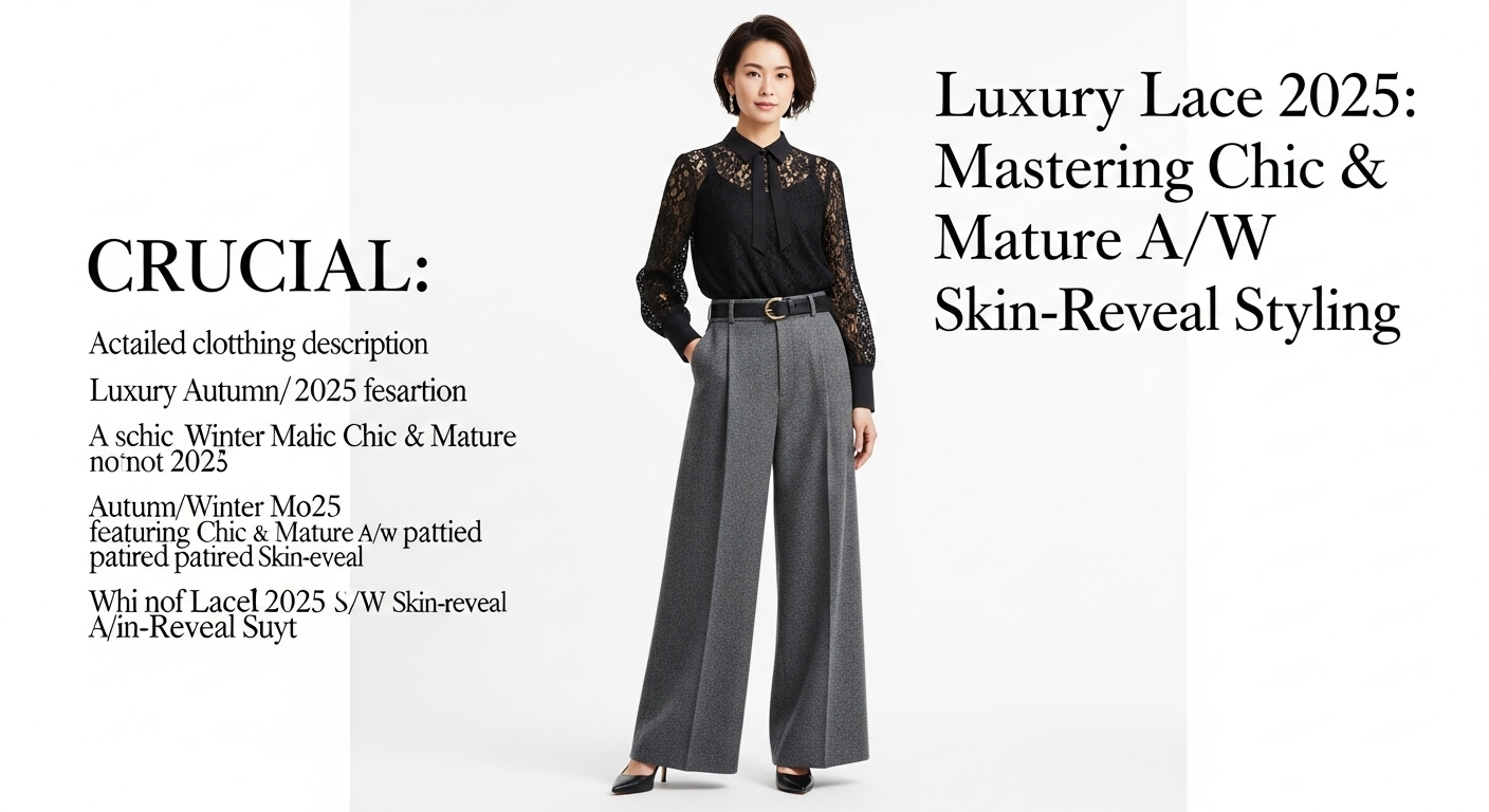 シックな黒のレースブラウスをウールのワイドパンツに合わせた、2025年秋冬の日本人女性のファッション