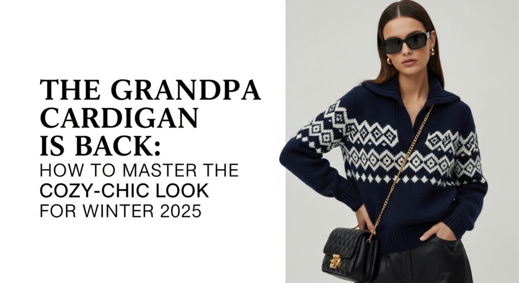 ベージュのチャンキーニット素材のグランパカーディガンをおしゃれに着こなす女性。白いTシャツとストレートジーンズに合わせ、冬の街を歩いている。