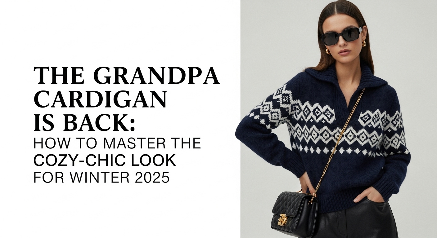 ベージュのチャンキーニット素材のグランパカーディガンをおしゃれに着こなす女性。白いTシャツとストレートジーンズに合わせ、冬の街を歩いている。