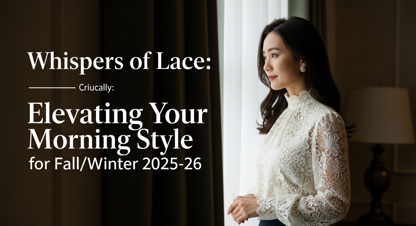 朝の柔らかな光が差し込む部屋で、繊細なハイネックのレースブラウスを着て窓辺に立つ、エレガントな日本人女性。