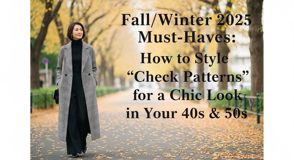 紅葉が始まった並木道を歩く40代の日本人女性。グレーのグレンチェックのロングコートを羽織り、黒のタートルネックとワイドパンツを合わせたシックな装い。