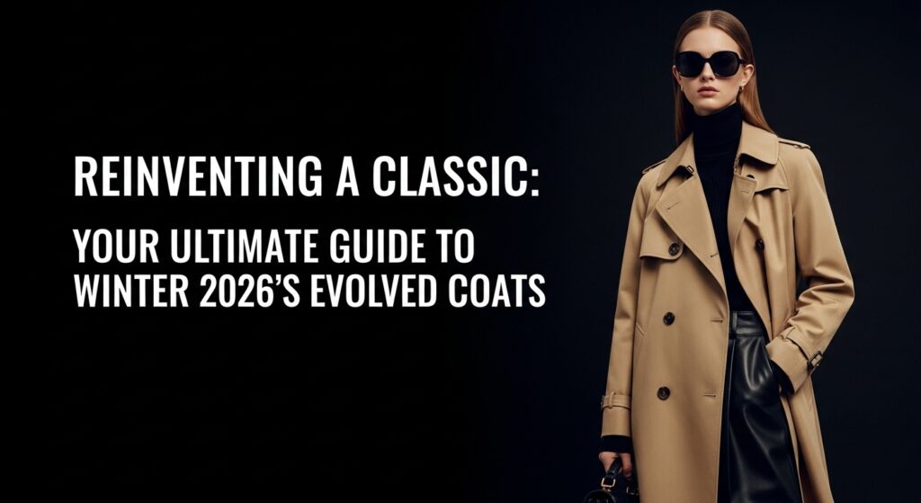 2026年冬のトレンドである、ドロップウエストデザインのモダンなトレンチコートをスタイリッシュに着こなす女性。