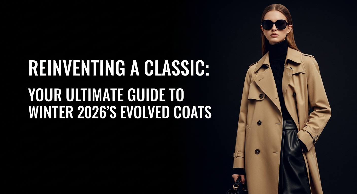 2026年冬のトレンドである、ドロップウエストデザインのモダンなトレンチコートをスタイリッシュに着こなす女性。