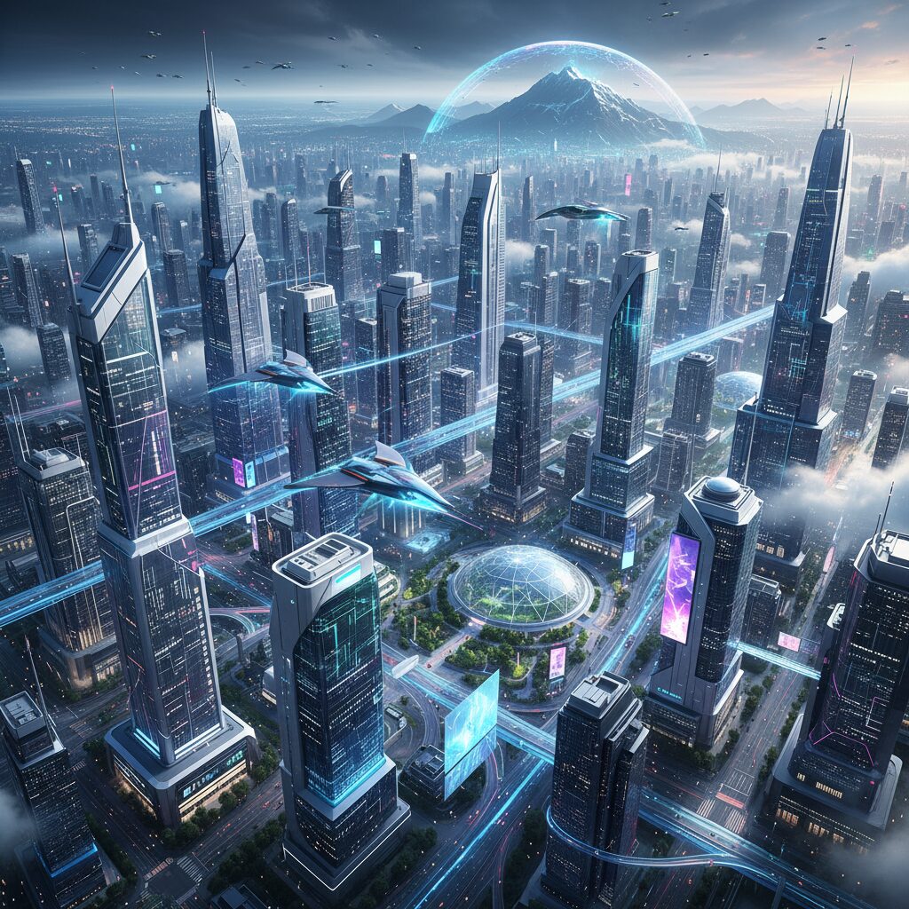 シンプルなテキストプロンプトから生成された、精巧なディテール、鮮やかな光、そして飛行する乗り物で構成された未来都市。都市の広大さと複雑さを強調するために、高所から見た構図。スタイル：ハイパーリアル、SF。