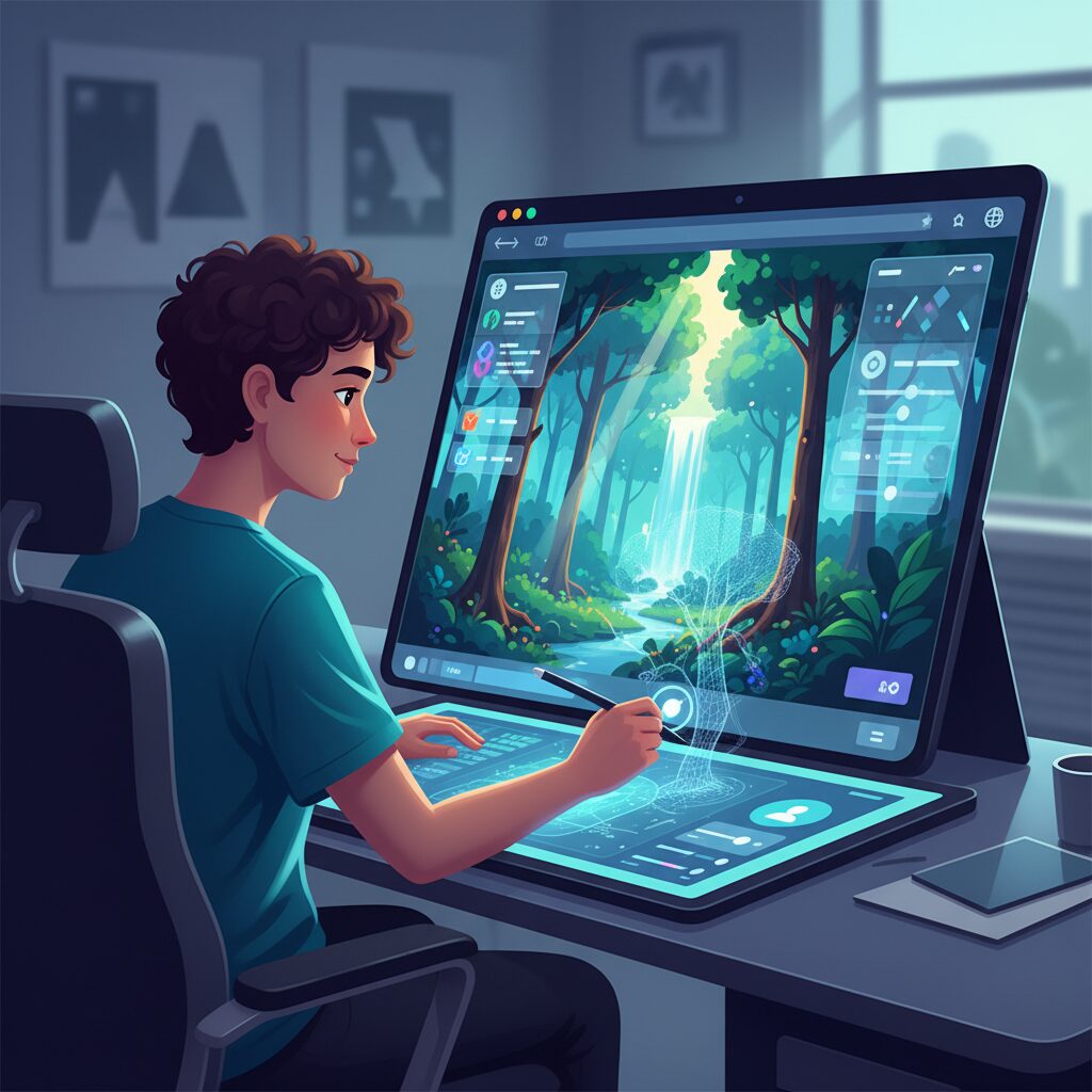 デジタルアーティストがタブレットのスタイラスを使って、ブラウザ上で3D世界をインタラクティブに編集している様子。画面にはダイナミックな照明が施された豊かな森の環境が表示されている。アーティストの顔は集中と創造性を示している。スタイル：クリーンなUI、鮮やかなデジタルアート。