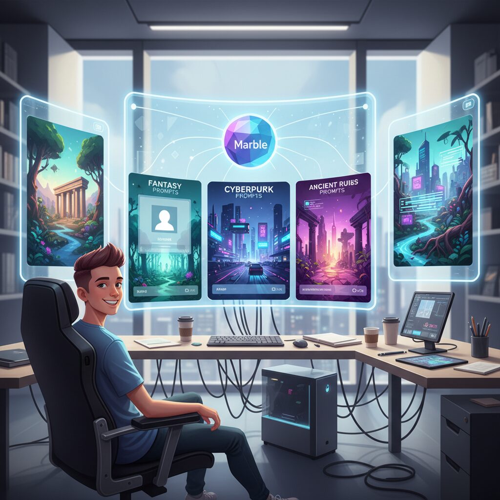 ゲーム開発者がMarbleを使って、複数の画像プロンプトからファンタジー、サイバーパンク、古代遺跡など、異なるスタイルのゲーム環境をシームレスに統合しながら生成している様子。開発者は複数のスクリーンに囲まれ、笑顔を見せている。スタイル：モダンなオフィス、創造的なエネルギー。